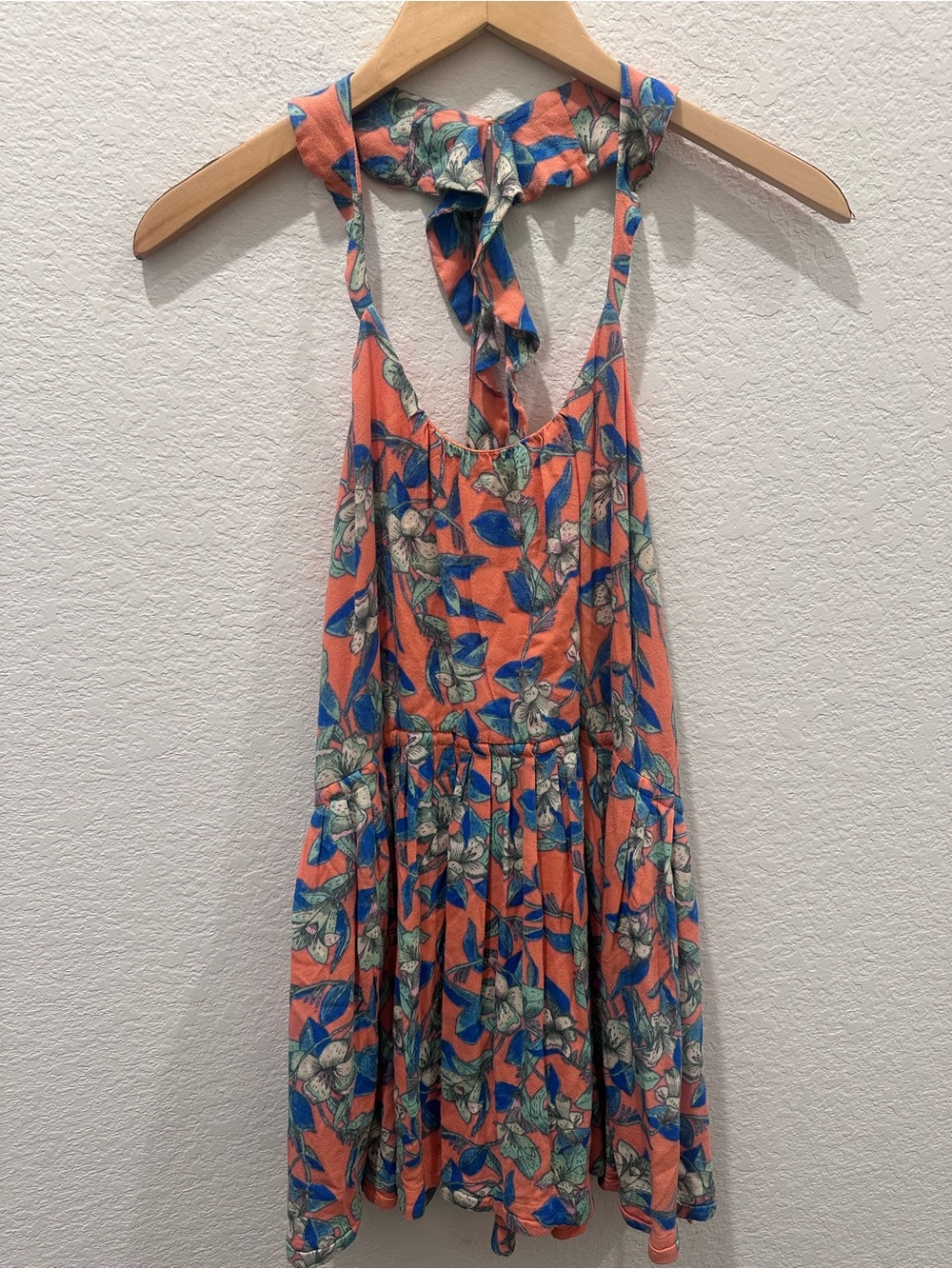 Free People Coral Floral Open Back Tie Back Mini Dress XS Boho Tropical